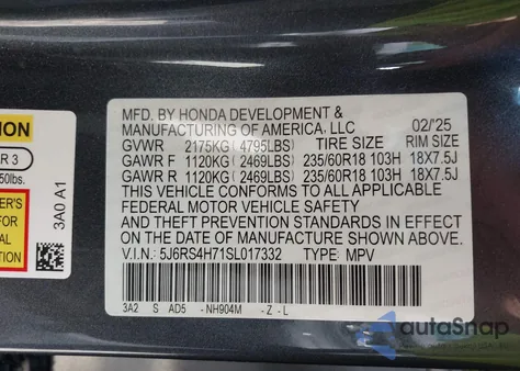 2025 Honda Cr-V Ex-L Awd z USA, uszkodzony, nr VIN 5J6RS4H71SL017332